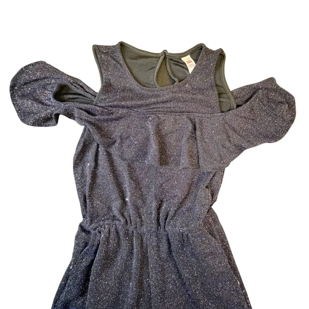 Justice‎ Girls Blue Glitter Cold Shoulder Ruffle Jumpsuit Size 12 Sparkly J10